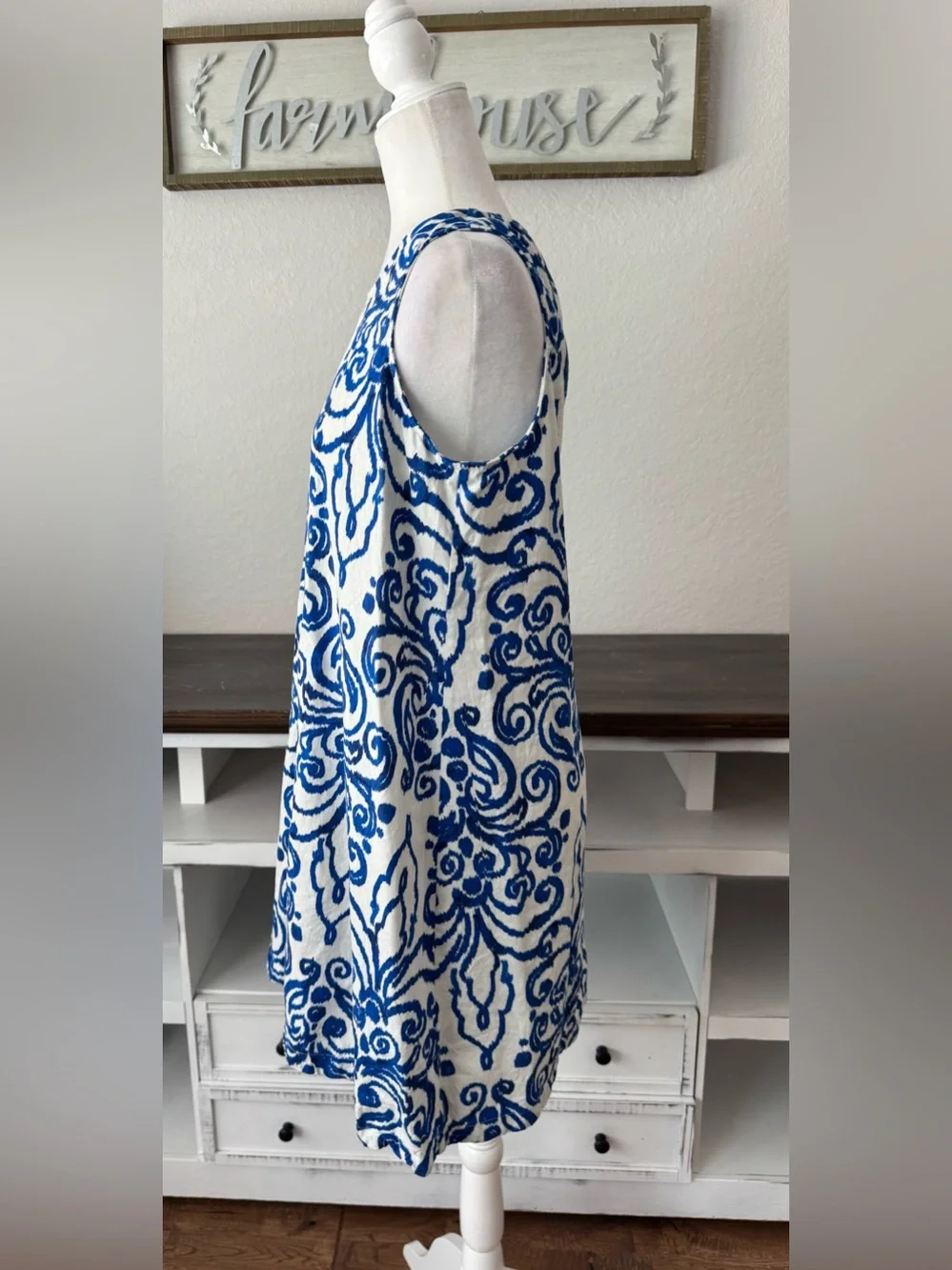 Tommy‎ Hilfiger Blue White Sleeveless Linen Viscose Dress Geometric Size 12 5